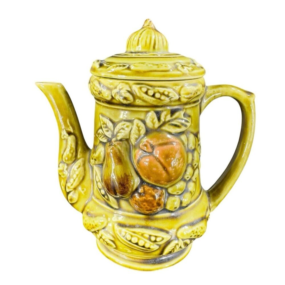 Vintage Ceramic Olive Green Teapot Carafe Fruit Veggies Decor Made in Japan VTG